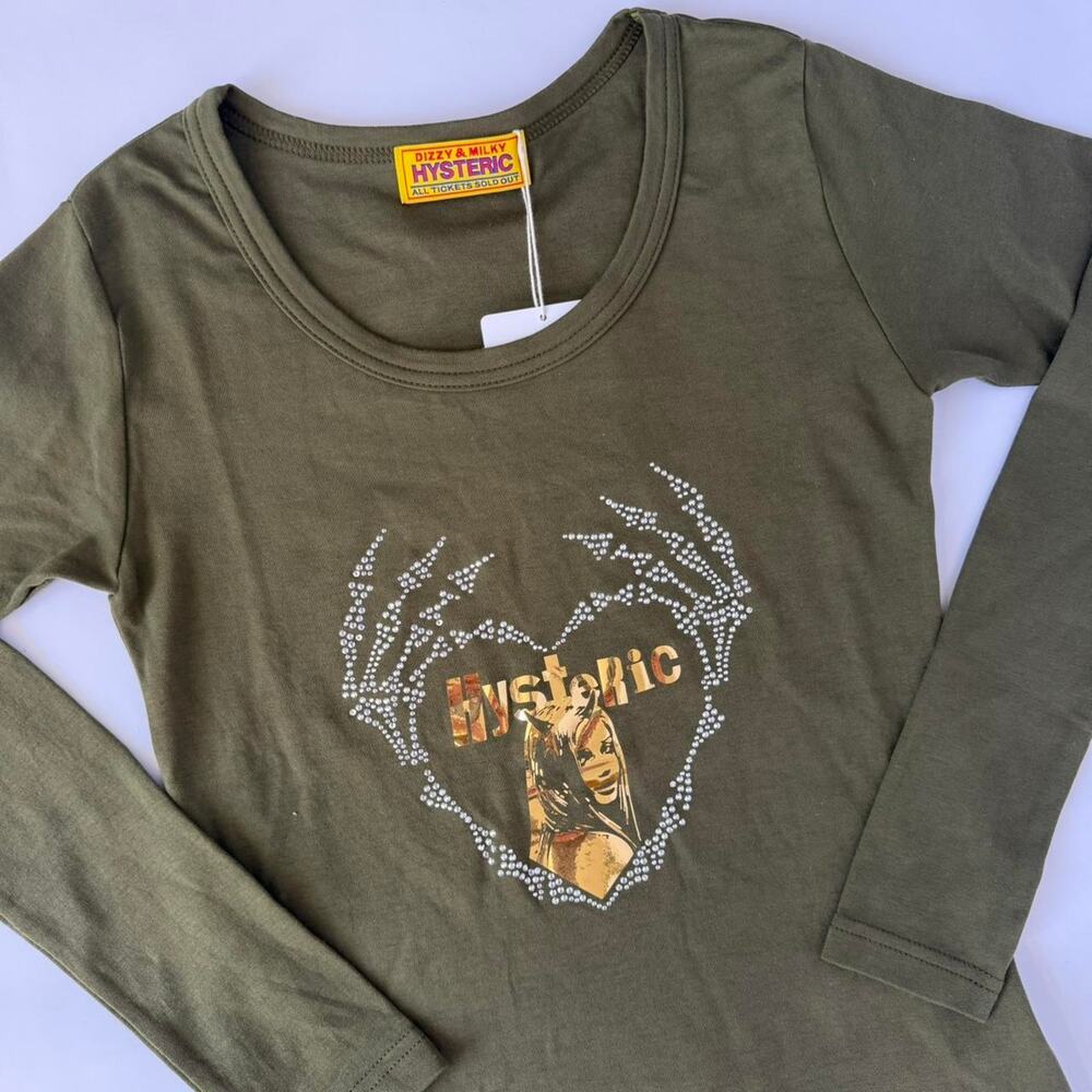 Hysteric Glamour Green Long Sleeve Top w/ Skull Hands Rhinestone Design